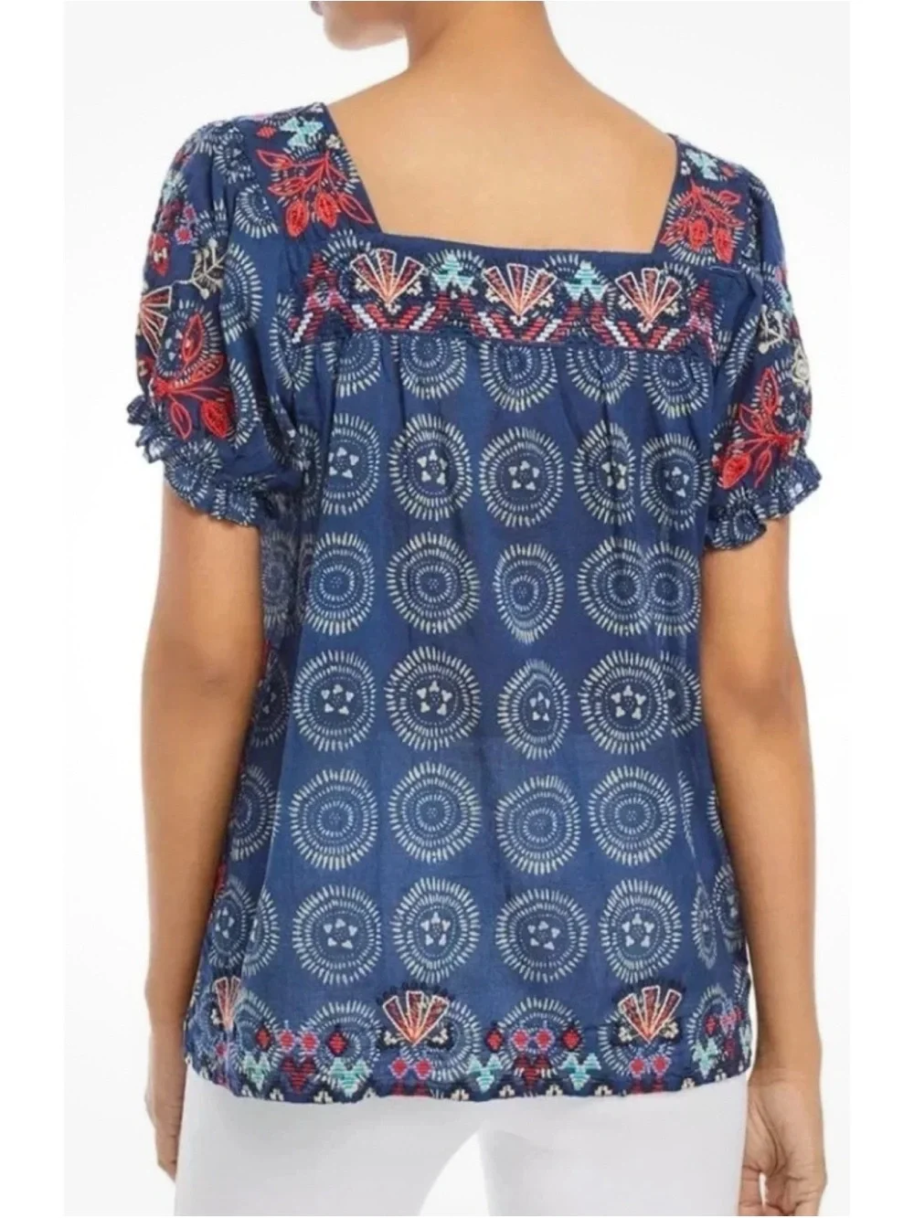 Johnny Was Workshop Mareen Puff Sleeve Embroidered Peasant Top Size S